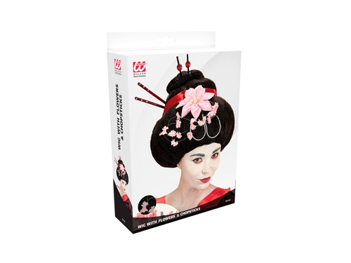 Peruka Geisha z kwiatami i pałeczkami
