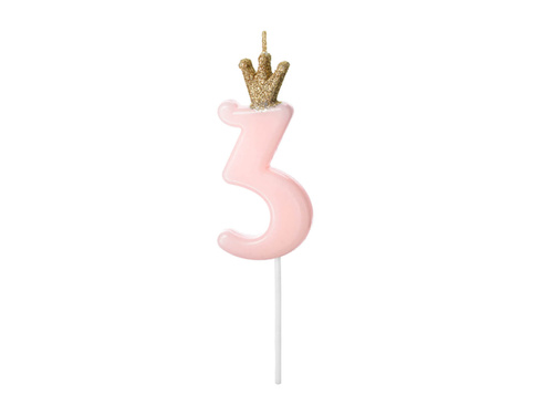 Candle number three light pink with crown - 3 - 1 piece.