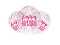 Transparent Happy Birthday balloons with pink confetti inside - 30 cm - 6 pcs.