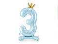 Foil balloon standing number 3 blue with crown - 84 cm - 1 pc.