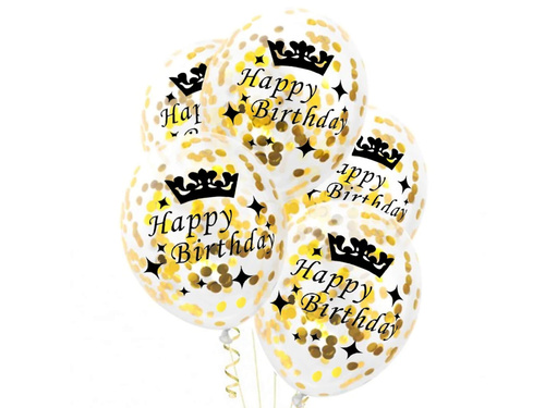 Balony przezroczyste ze złotym konfetti Happy Birthday - 30 cm - 5 szt.