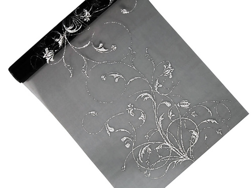 Organza black with one-sided print in silver - 36 cm x 9 m.