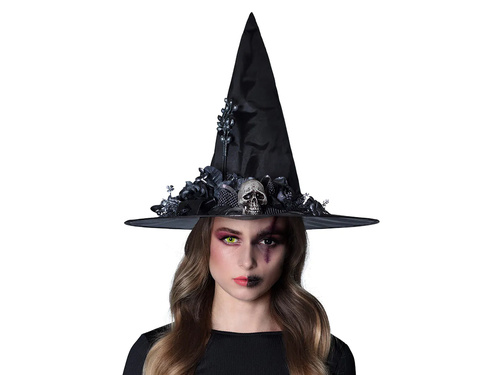 Kapelusz czarownicy czarny z czaszką na Halloween - 1 szt.