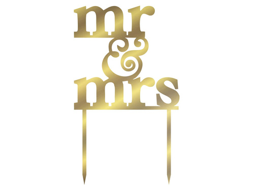 Gold mirrored plexiglass topper for Mr & Mrs cake - 15.5 cm