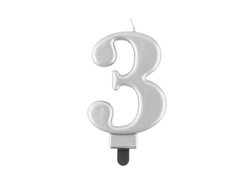 Silver metallic number candle - 3 - three