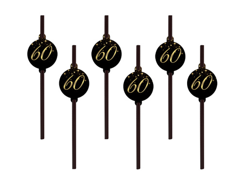 Sparkling black straws for sixtieth birthday - 6 pcs.