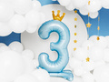 Foil balloon standing number 3 blue with crown - 84 cm - 1 pc.