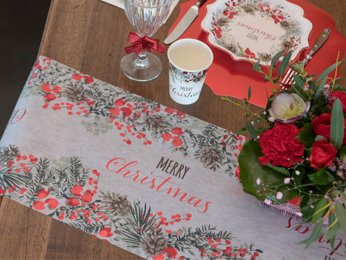 Merry Christmas table runner decoration - red - 28,5 cm x 2,5 m - 1 pcs.