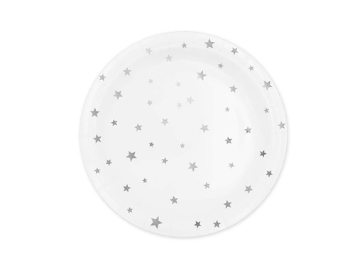 Talerzyki papierowe białe w srebrne gwiazdki - 18 cm - 6 szt.