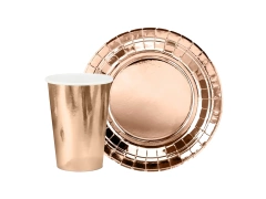 Zestaw kubeczki + talerzyki papierowe różowo-złote - 24 szt.