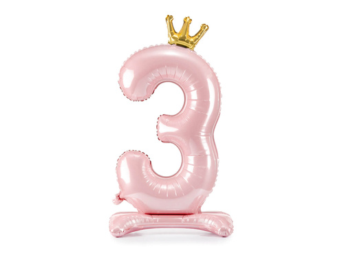 Foil balloon standing number 3 pink with crown - 84 cm - 1 pc.