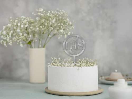 Silver mirrored plexiglass topper for IHS I Communion cake
