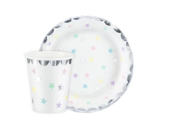 Zestaw kubeczki + talerzyki papierowe Jednorożec w gwiazdki - 24 szt.
