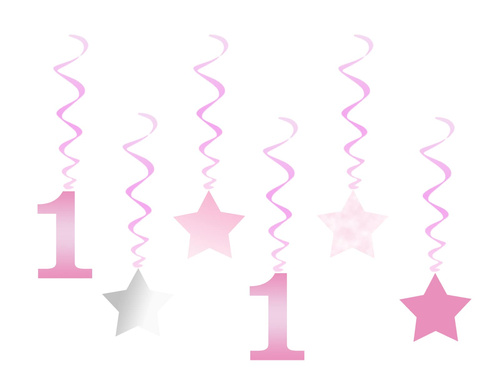 Hanging decoration for a birthday party Stars pink - 6 pcs.