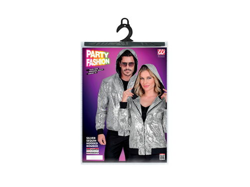 Imprezowa cekinowa kurtka - bomberka z kapturem - srebrna