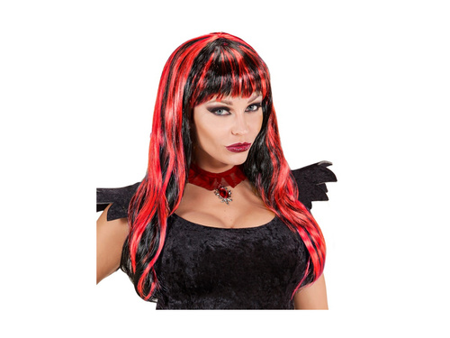 Czarna peruka Halloween z czerwonymi pasemkami