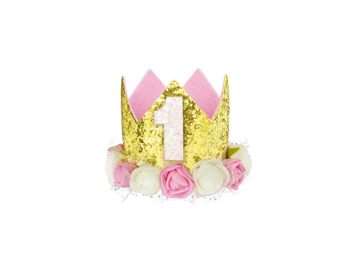 Crown with foam roses for birthday party gold - 1 pc.