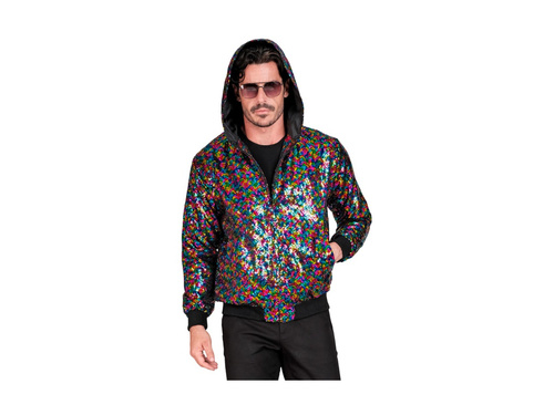 Imprezowa cekinowa kurtka - bomberka z kapturem - multikolor