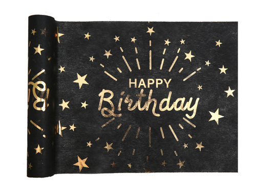 Dekoracja bieżnik na stół Happy Birthday czarny - 30 cm x 5 m - 1 szt.