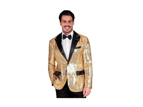 Imprezowa marynarka Party Fashion - złota cekinowa z satynowym kołnierzem i kieszeniami