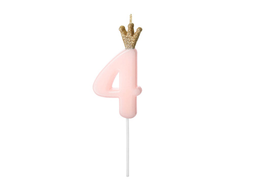 Candle number four light pink with crown - 4 - 1 piece.