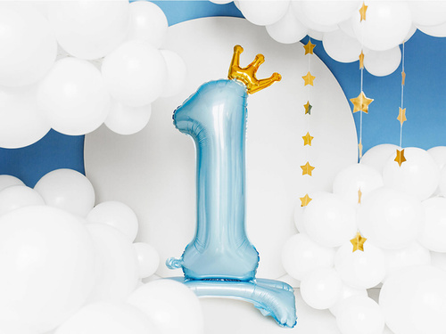 Foil balloon standing number 1 blue with crown - 84 cm - 1 pc.