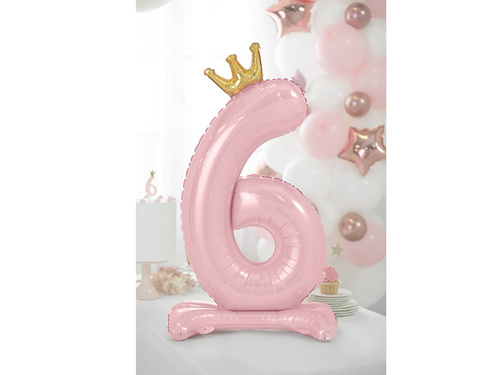 Foil balloon standing number 6 pink with crown - 84 cm - 1 pc.