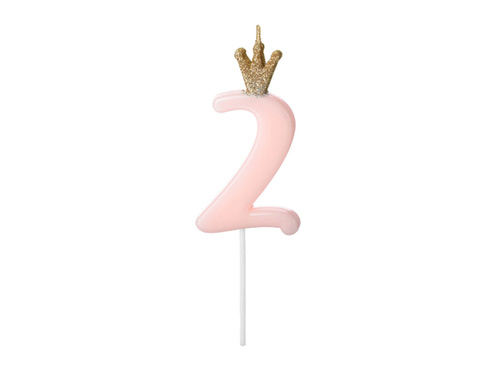 Candle number two light pink with crown - 2 - 1 piece.