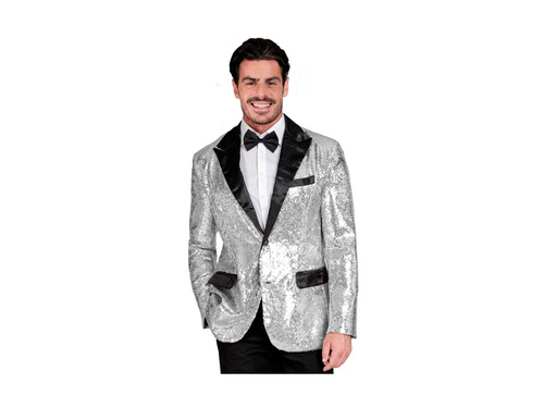 Imprezowa marynarka Party Fashion - srebrna cekinowa z satynowym kołnierzem i kieszeniami