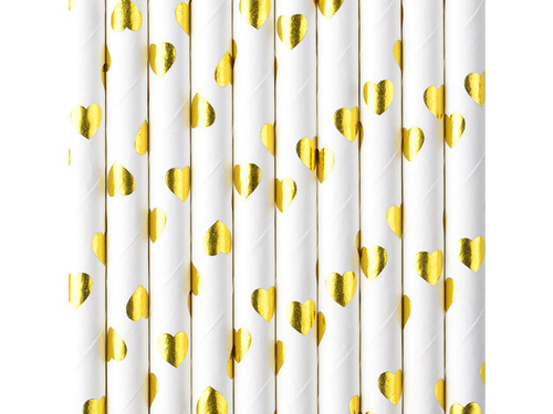 Paper tube straws golden hearts - 19,5 cm - 10 pcs.