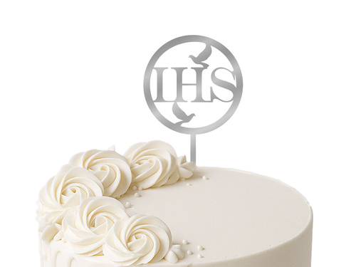 Silver mirrored plexiglass topper for IHS I Communion cake