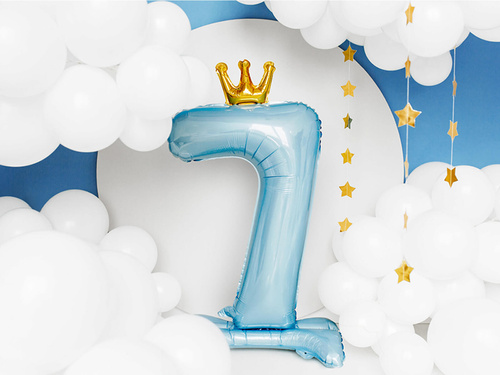 Foil balloon standing number 7 blue with crown - 84 cm - 1 pc.