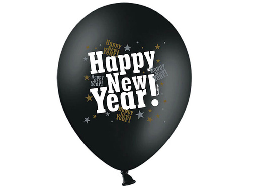 Balony czarne z nadrukiem Happy New Year na sylwestra - 37 cm - 50 szt.