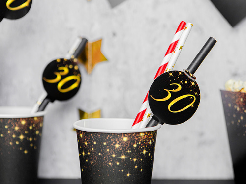 Sparkling black straws for thirtieth birthday - 6 pcs.