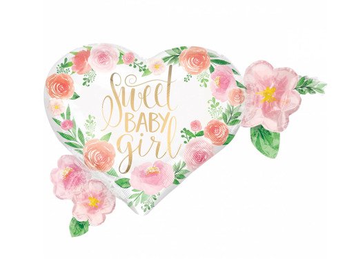 Balon foliowy Sweet Baby Girl Serce w kwiatki - 68 x 50 cm - 1 szt.