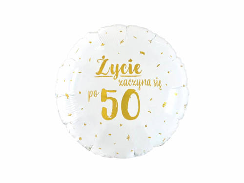 Balon foliowy Życie zaczyna się po 50 biały - 46 cm - 1 szt.