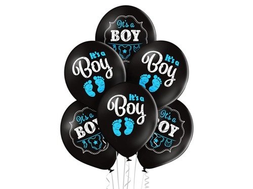 Balony czarne z nadrukiem It's a Boy - 12" - 6 szt.