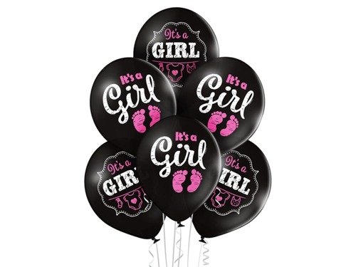 Balony czarne z nadrukiem It's a Girl - 12" - 6 szt.