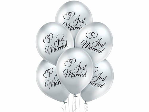 Balony lateksowe Glossy srebrne z nadrukiem weselnym Just Married - 12" - 6 szt.