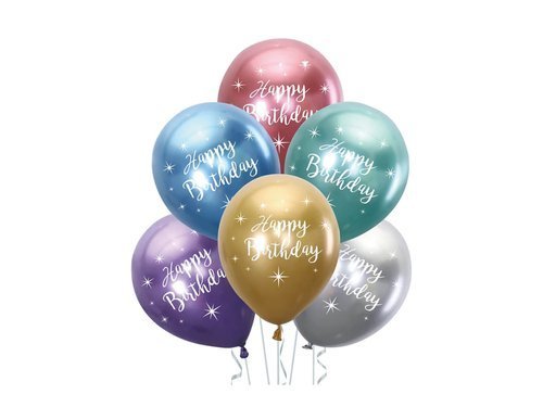 Balony lateksowe chromowane mix kolorów Happy Birthday - 30 cm - 6 szt.