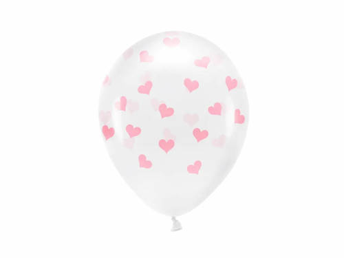 Balony lateksowe przezroczyste w różowe serduszka - 33 cm - 6 szt.