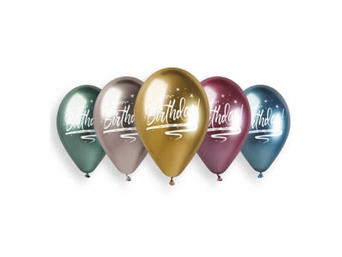 Balony lateksowe shiny Happy Birthday - 33 cm - 5 szt.