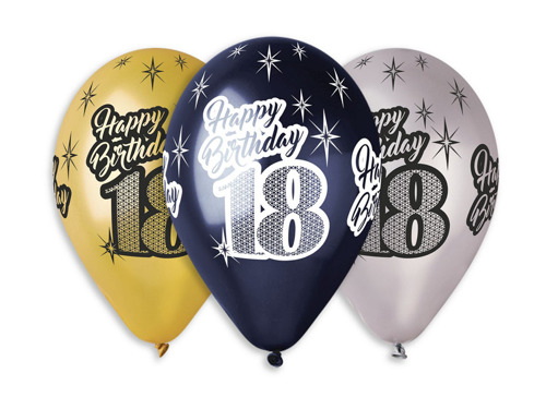 Balony lateksowe z nadrukiem "18" metaliczne - 30 cm - 6 szt.