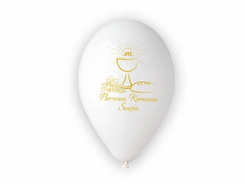 Balony lateksowe ze złotym napisem Pierwsza Komunia Święta - 33 cm - 5 szt.