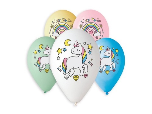 Balony pastelowe Jednorożec i Tęcza - 33 cm - 5 szt.