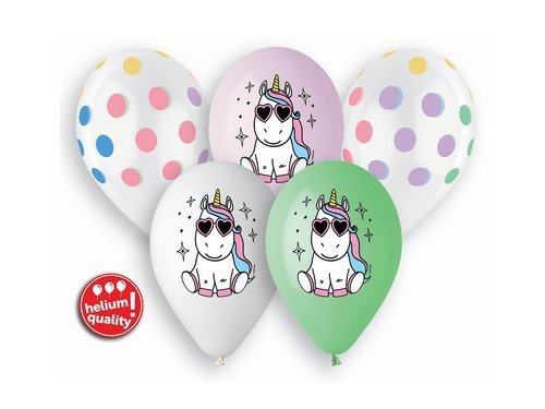 Balony pastelowe Wesoły Jednorożec - 33 cm - 5 szt.