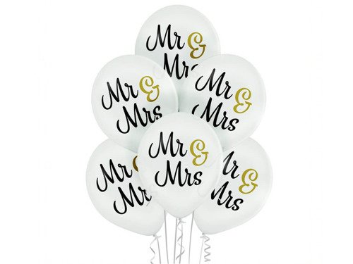 Balony pastelowe z nadrukiem weselnym Mr & Mrs - 12" - 6 szt.