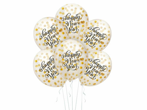 Balony przezroczyste Happy New Year z konfetii - 30 cm - 5 szt.