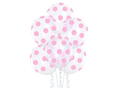 Balony przezroczyste w różowe kropki - 30 cm - 5 szt.