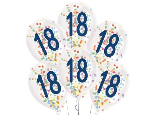 Balony przezroczyste z nadrukiem 18 i konfetti - 27,5 cm - 6 szt.